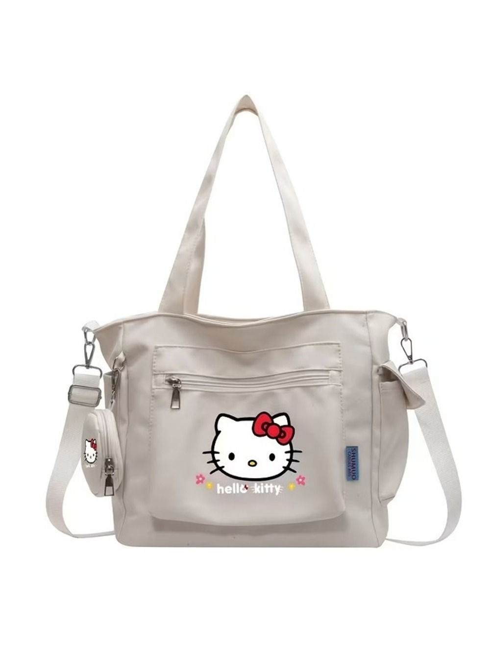 Hello Kitty Canvas Tote Bag with Adjustable Shoulder Strap and Small Pouch